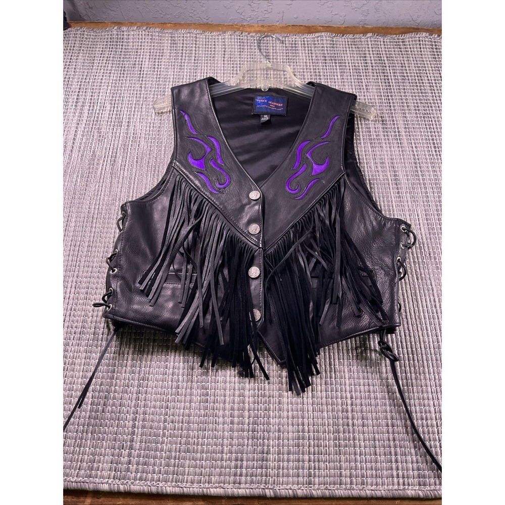 Leather Club Brand Leather motorcycle vest with purple suede flames XL Fringe